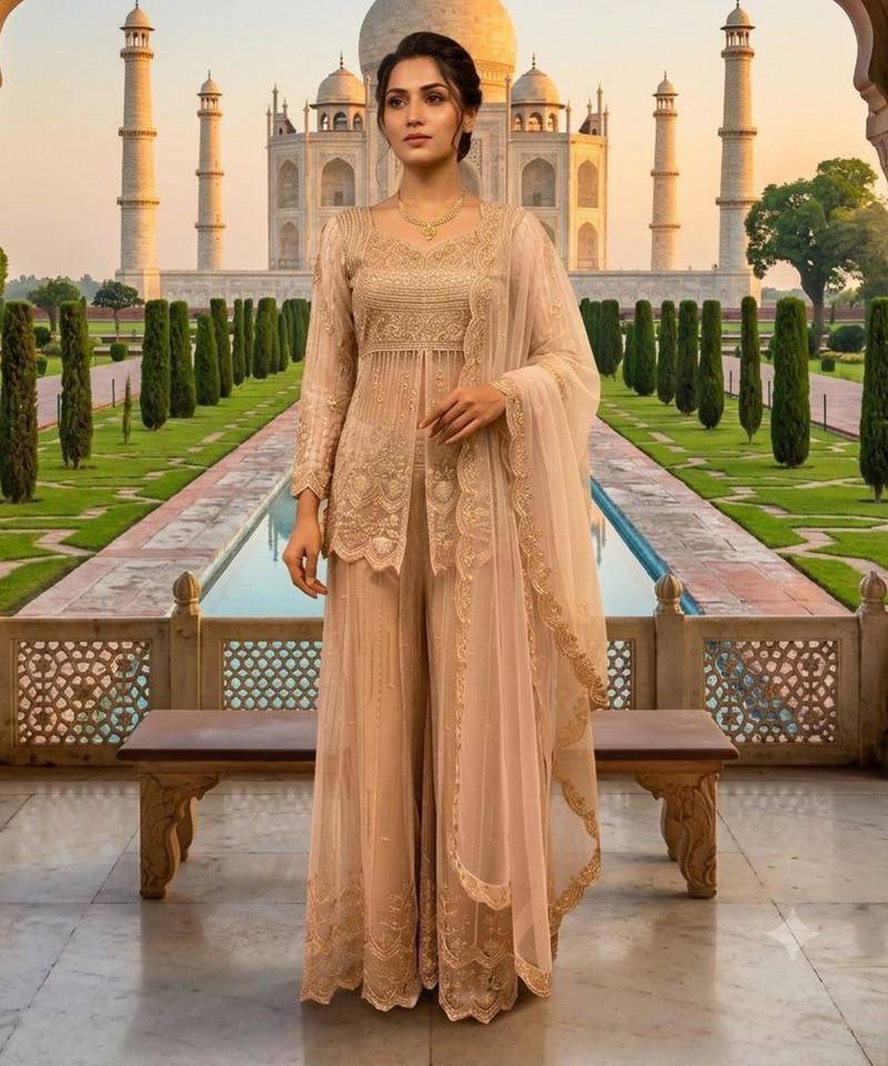Beige net embroidered palazzo set
