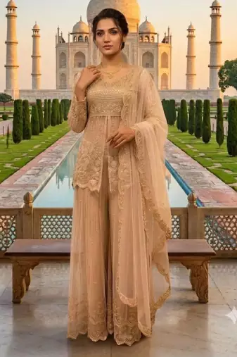 Beige net embroidered palazzo set