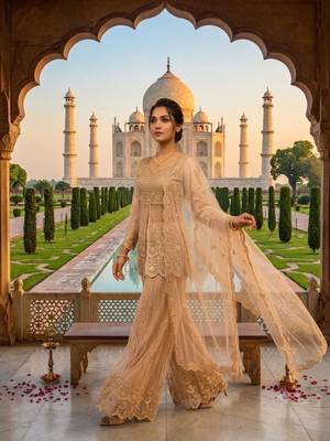 Beige net embroidered palazzo set 4