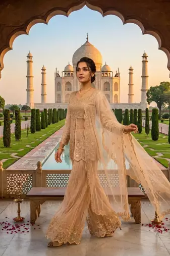 Beige net embroidered palazzo set