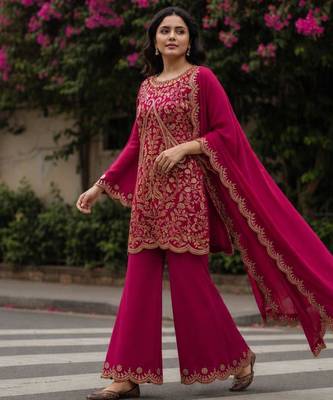Rani-pink silk blend embroidered palazzo set 2