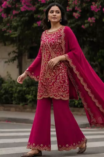Rani-pink silk blend embroidered palazzo set
