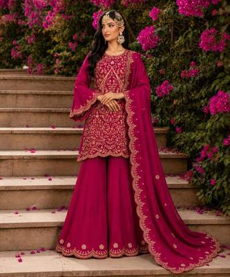 Rani-pink silk blend embroidered palazzo set 1