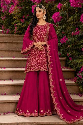 Rani-pink silk blend embroidered palazzo set