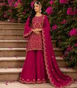 Rani-pink silk blend embroidered palazzo set