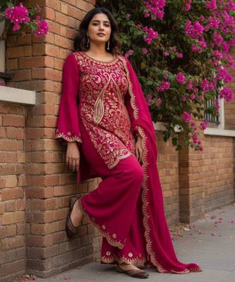 Rani-pink silk blend embroidered palazzo set 3