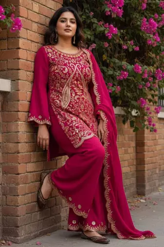 Rani-pink silk blend embroidered palazzo set