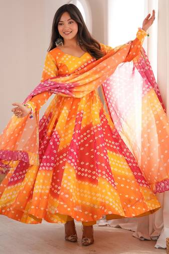 Multicolor organza printed flared gown set