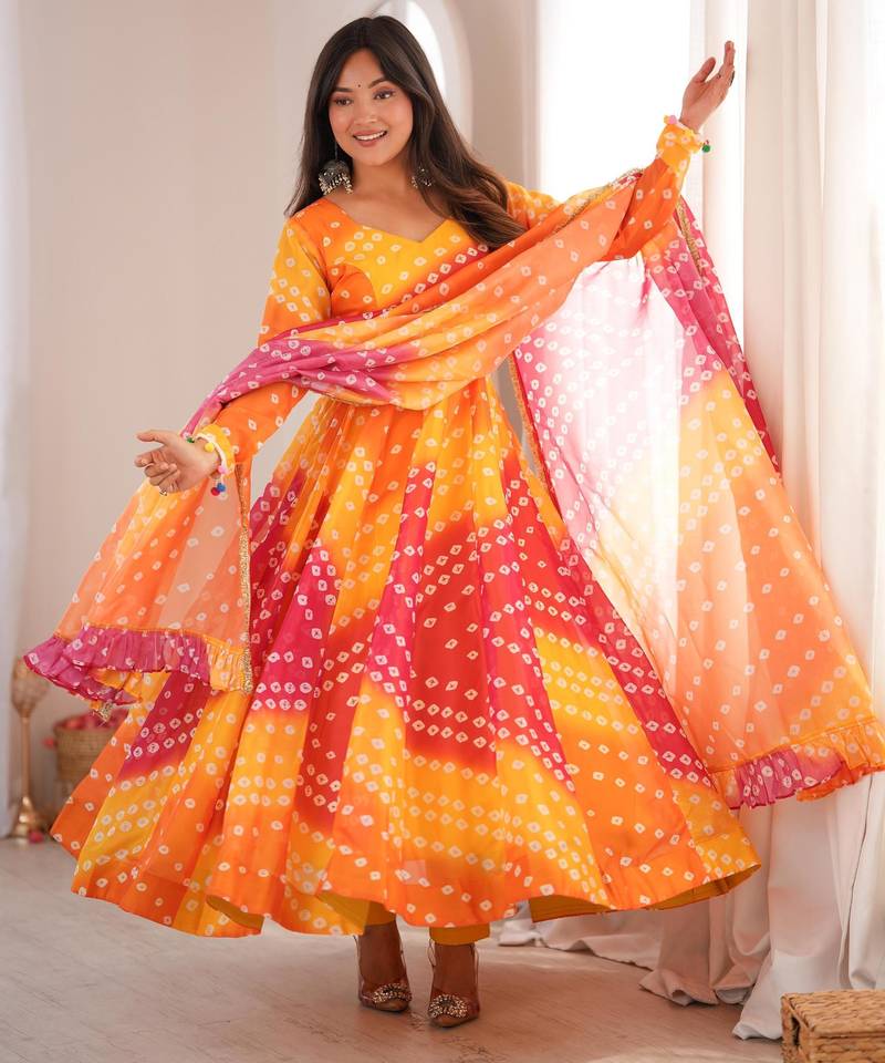 Multicolor organza printed flared gown set