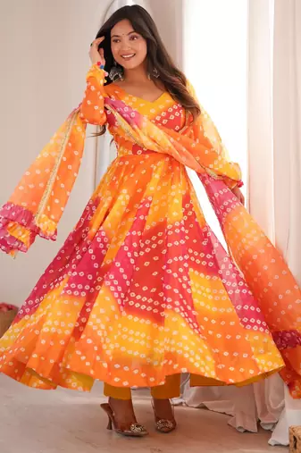 Multicolor organza printed flared gown set