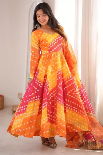 Multicolor organza printed flared gown set