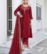 Red silk blend embroidered kurta set