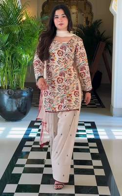 Beige cotton silk printed farshi salwar set 1