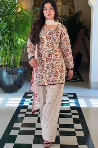 Beige cotton silk printed farshi salwar set