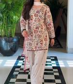 Beige cotton silk printed farshi salwar set