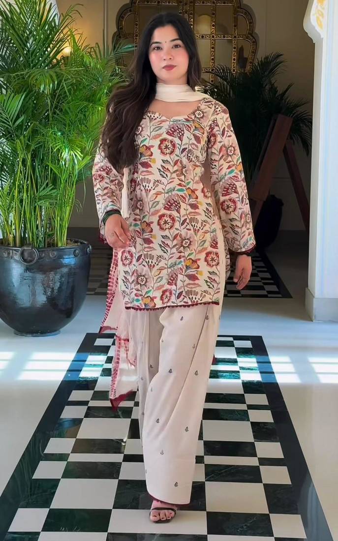 Beige cotton silk printed farshi salwar set