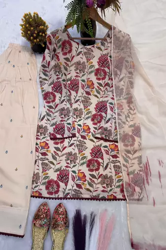 Beige cotton silk printed farshi salwar set