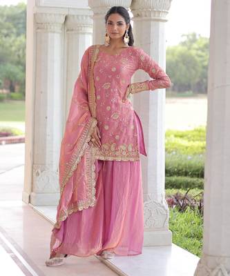 Pink silk blend embroidered sharara set 1