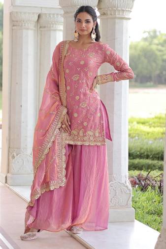 Pink silk blend embroidered sharara set