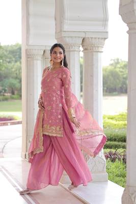 Pink silk blend embroidered sharara set 2