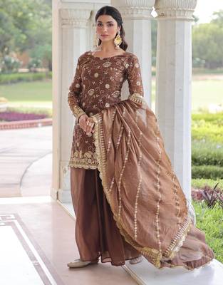 Brown silk blend embroidered sharara set 1