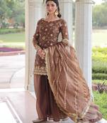 Brown silk blend embroidered sharara set