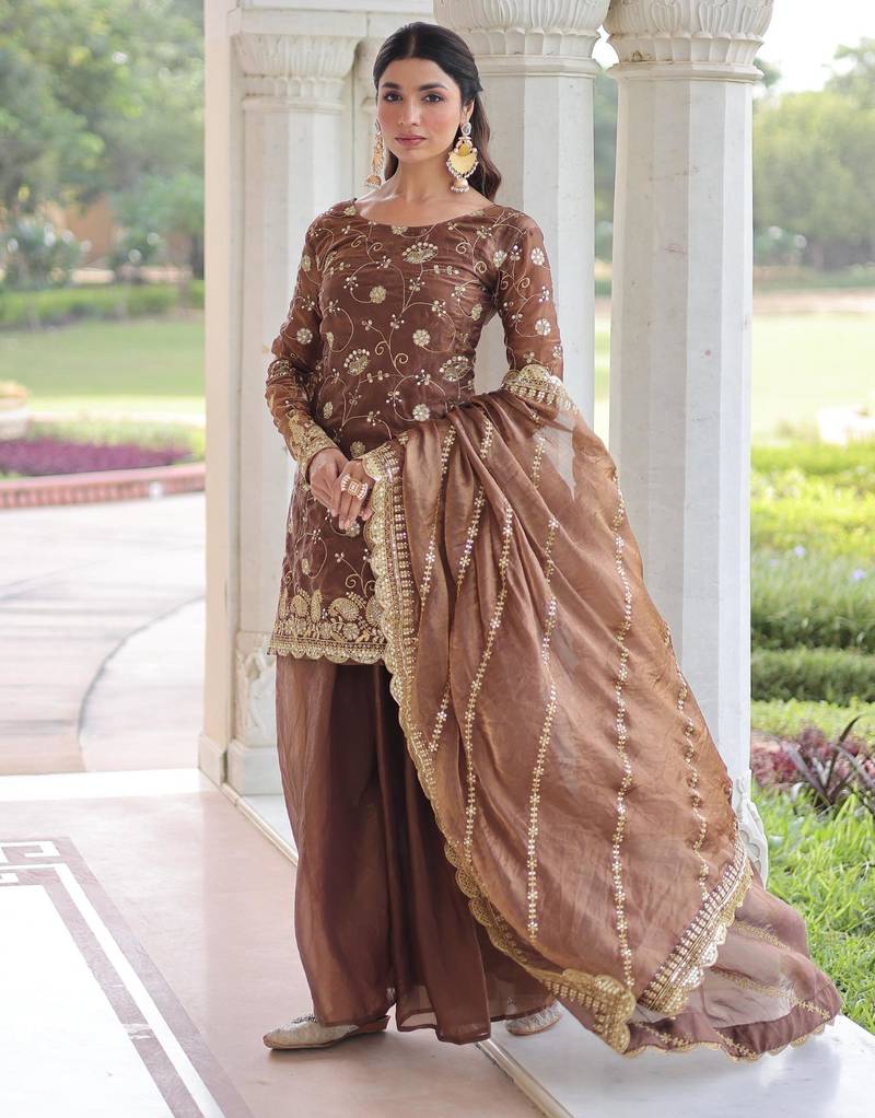 Brown silk blend embroidered sharara set