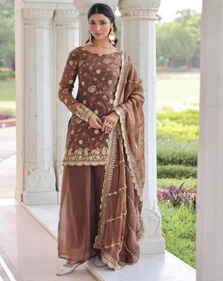 Brown silk blend embroidered sharara set 2