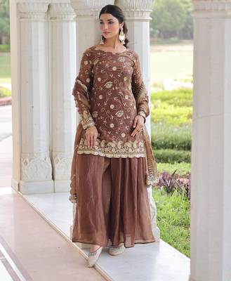 Brown silk blend embroidered sharara set 3