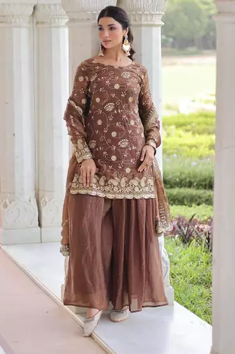 Brown silk blend embroidered sharara set