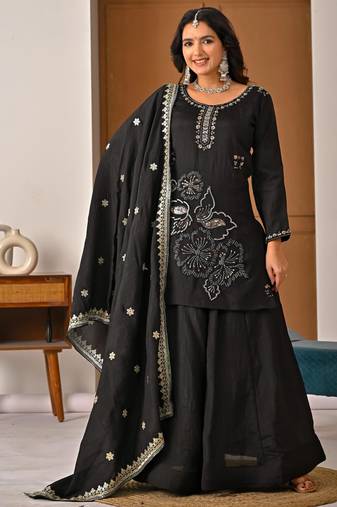 Black silk blend embroidered palazzo set