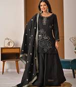 Black silk blend embroidered palazzo set