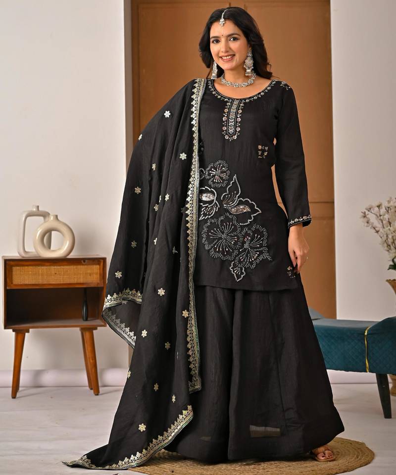 Black silk blend embroidered palazzo set