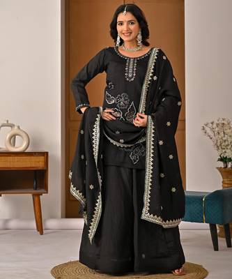 Black silk blend embroidered palazzo set 2