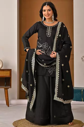 Black silk blend embroidered palazzo set