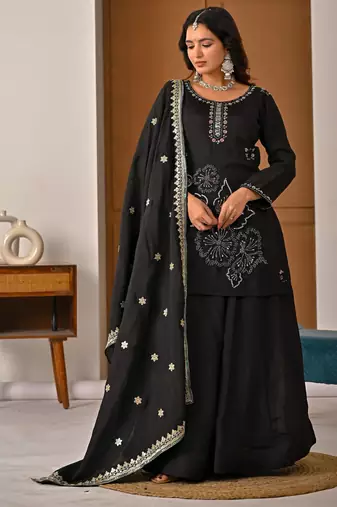 Black silk blend embroidered palazzo set