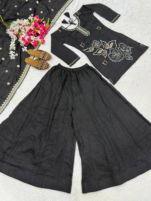 Black silk blend embroidered palazzo set 4