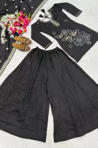 Black silk blend embroidered palazzo set