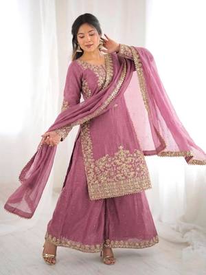 Pink silk blend embroidered palazzo set 1