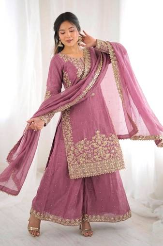 Pink silk blend embroidered palazzo set