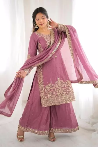Pink silk blend embroidered palazzo set
