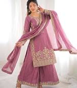 Pink silk blend embroidered palazzo set