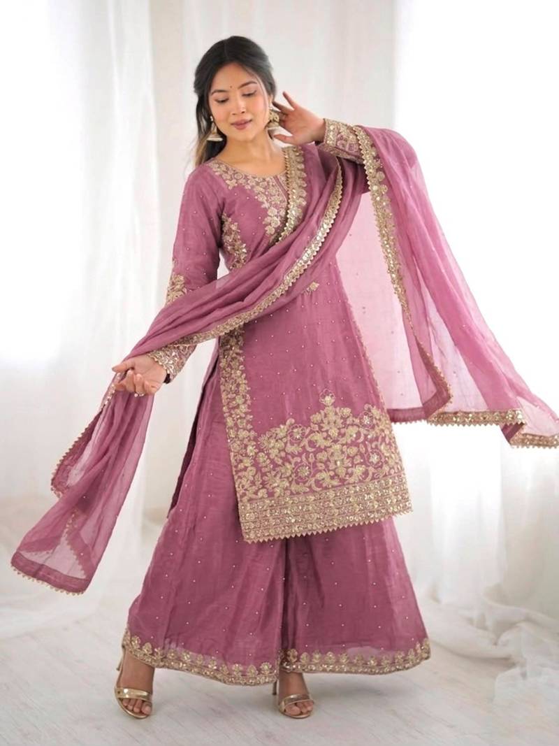 Pink silk blend embroidered palazzo set