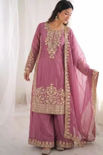 Pink silk blend embroidered palazzo set