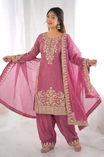Pink silk blend embroidered palazzo set