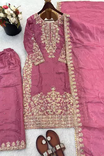 Pink silk blend embroidered palazzo set