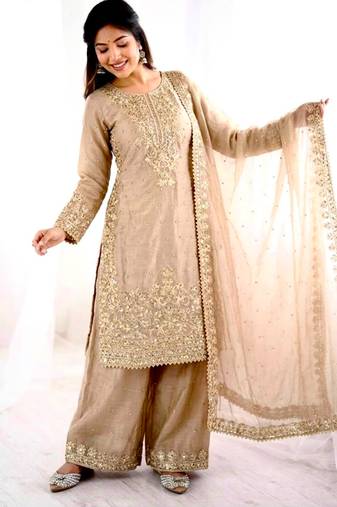Beige silk blend embroidered palazzo set