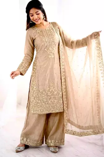 Beige silk blend embroidered palazzo set