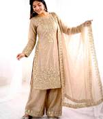 Beige silk blend embroidered palazzo set
