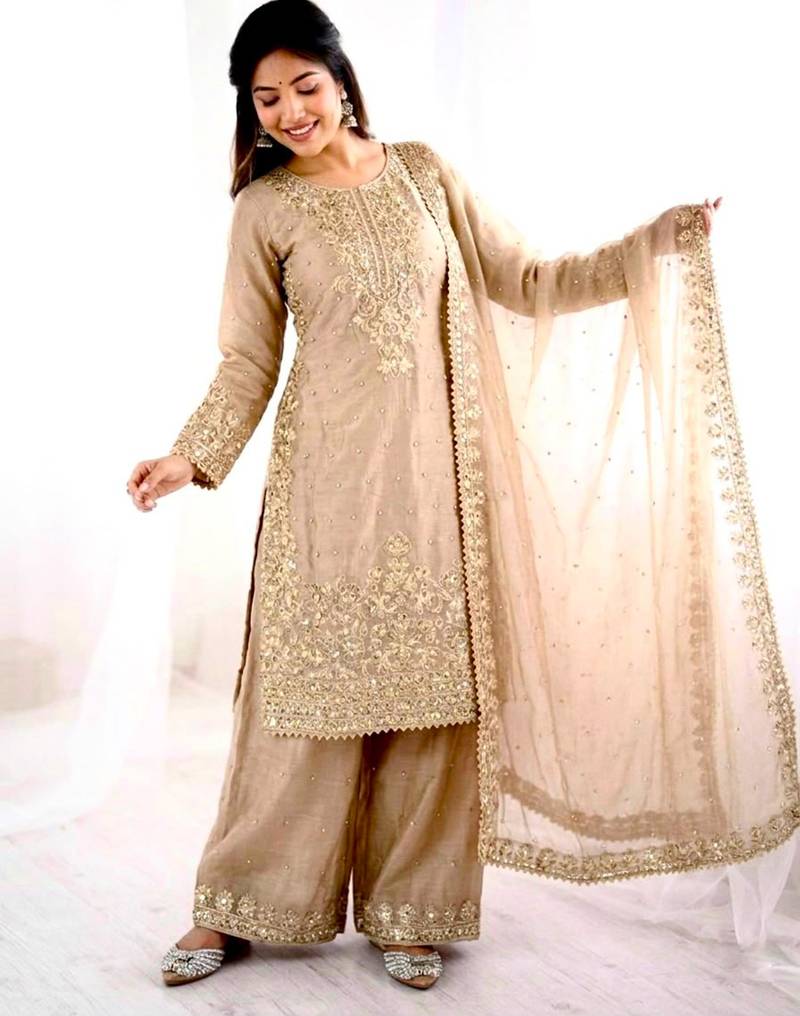 Beige silk blend embroidered palazzo set